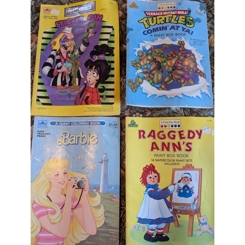 Vintage Lot Children's Color Book Stickers Paint Beetlejuice Barbie Raggedy Ann
